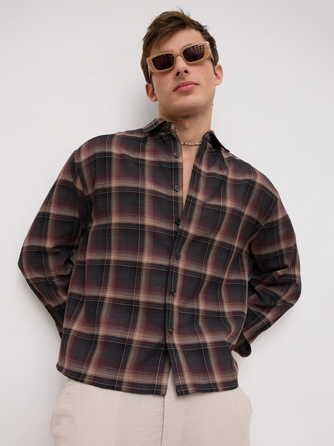 Espresso Ombre Checks Boxy Fit Crop Shirt