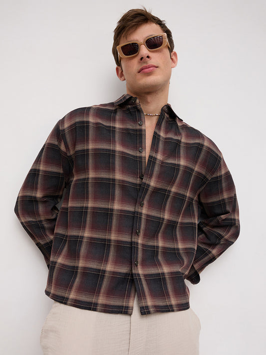 Espresso Ombre Checks Boxy Fit Crop Shirt