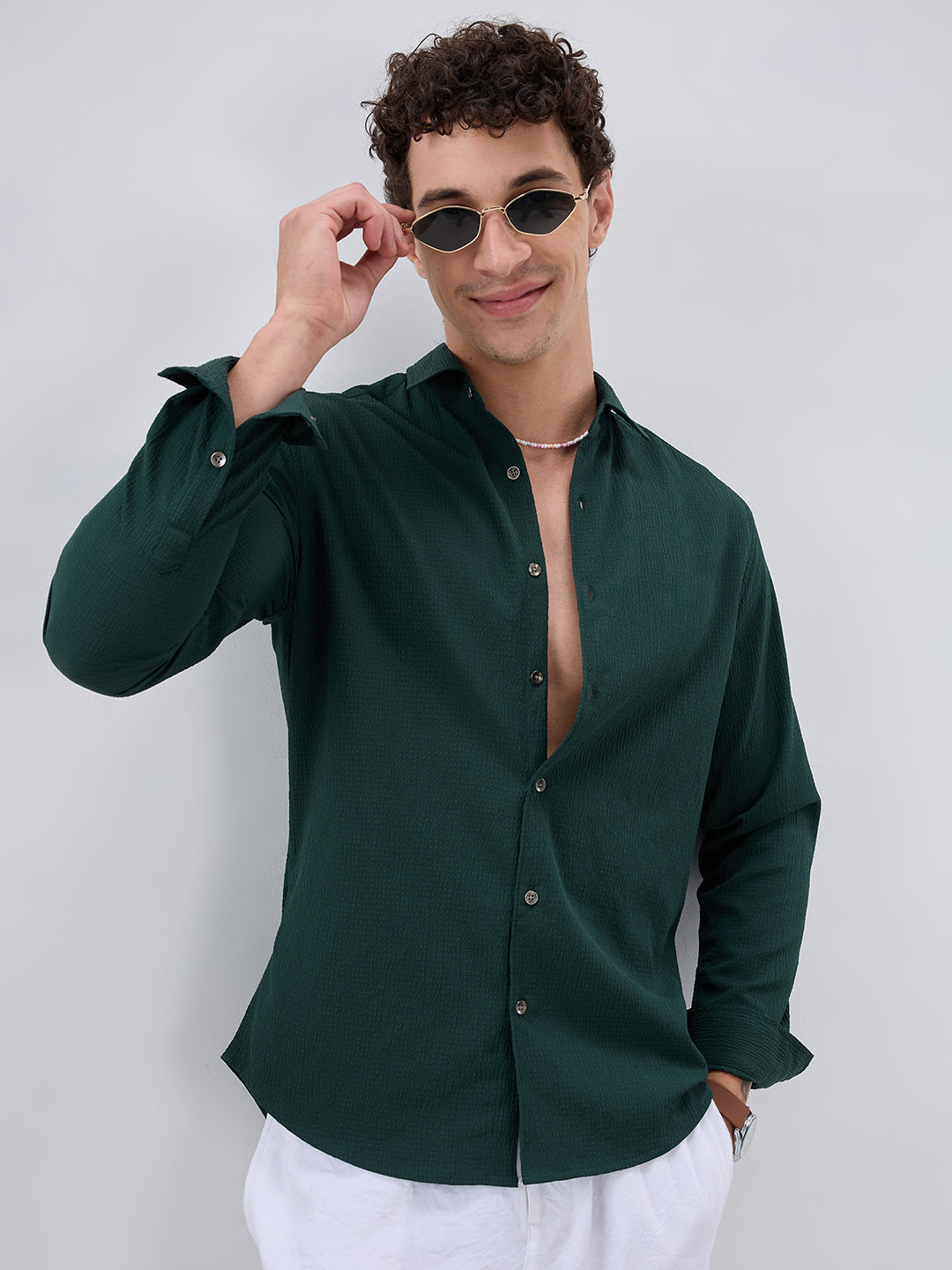 Deep Forest Green Minimal Weave Crinkled Shirt