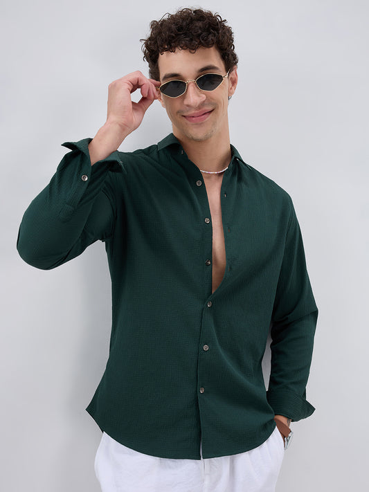 Deep Forest Green Minimal Weave Crinkled Shirt