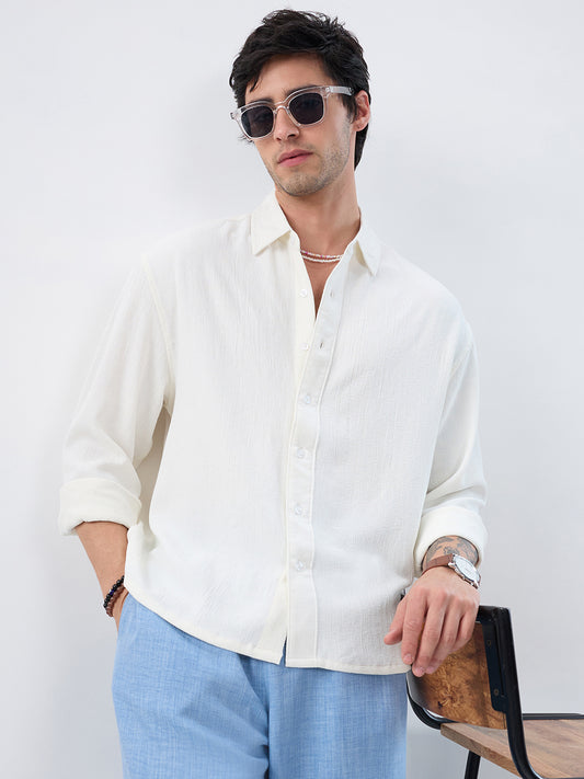 Pearl White Minimal Textured Boxy Fit Oversized Crop Shirt
