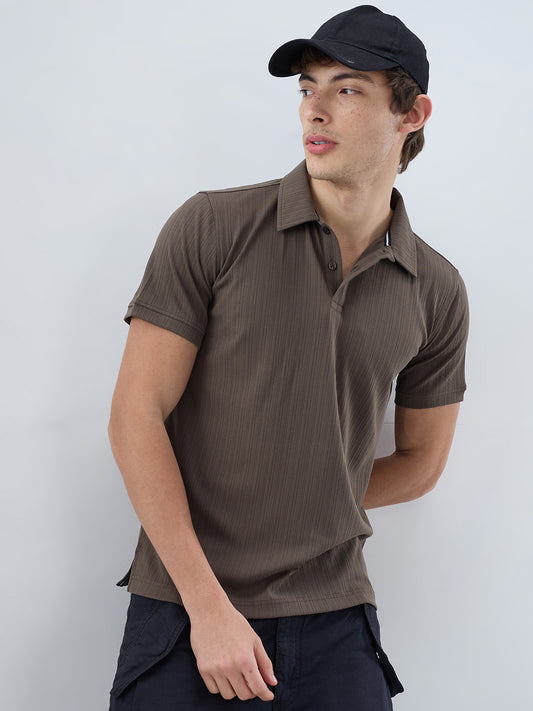 Refined Espresso Brown Hairline Striped Polo Knit T-Shirt