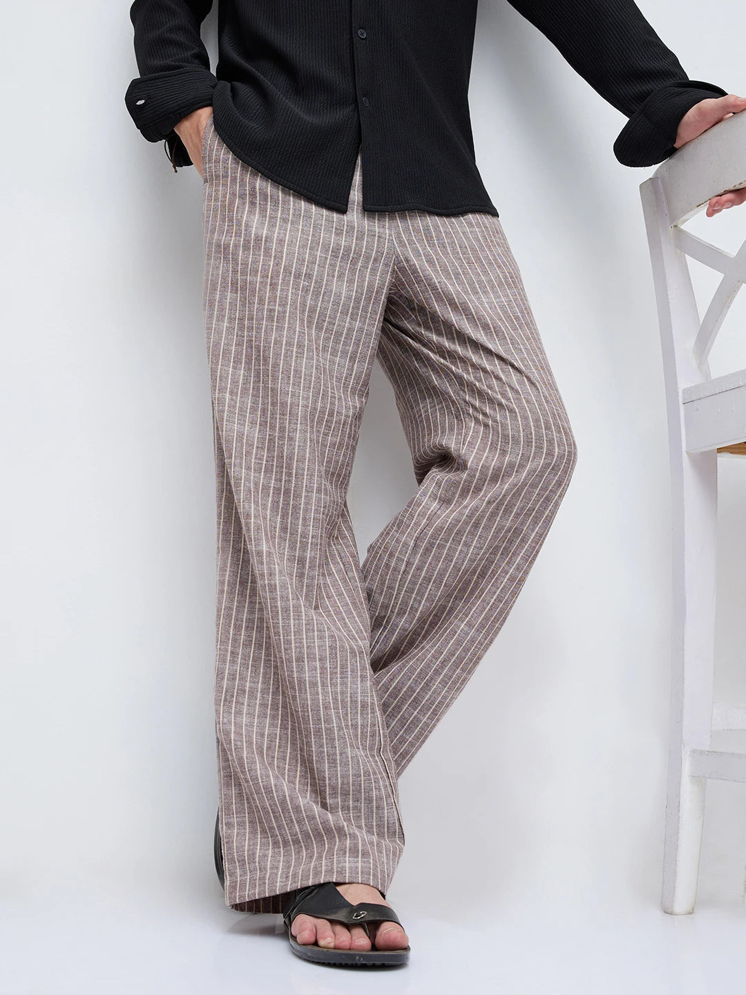 Rich Brown Striped Wide Leg Trousers