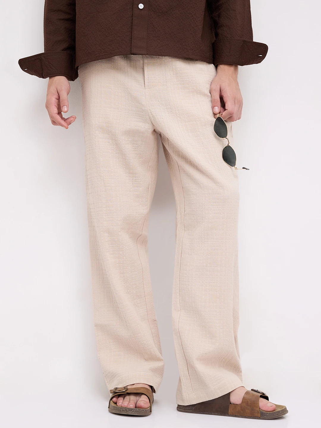 Sand Beige Double Cloth Embossed Straight Fit Trousers