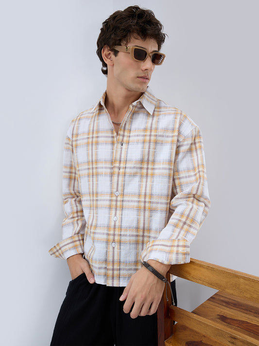 Premium Suncrest Plaid Textured Checks Boxy Fit Crop Shirt