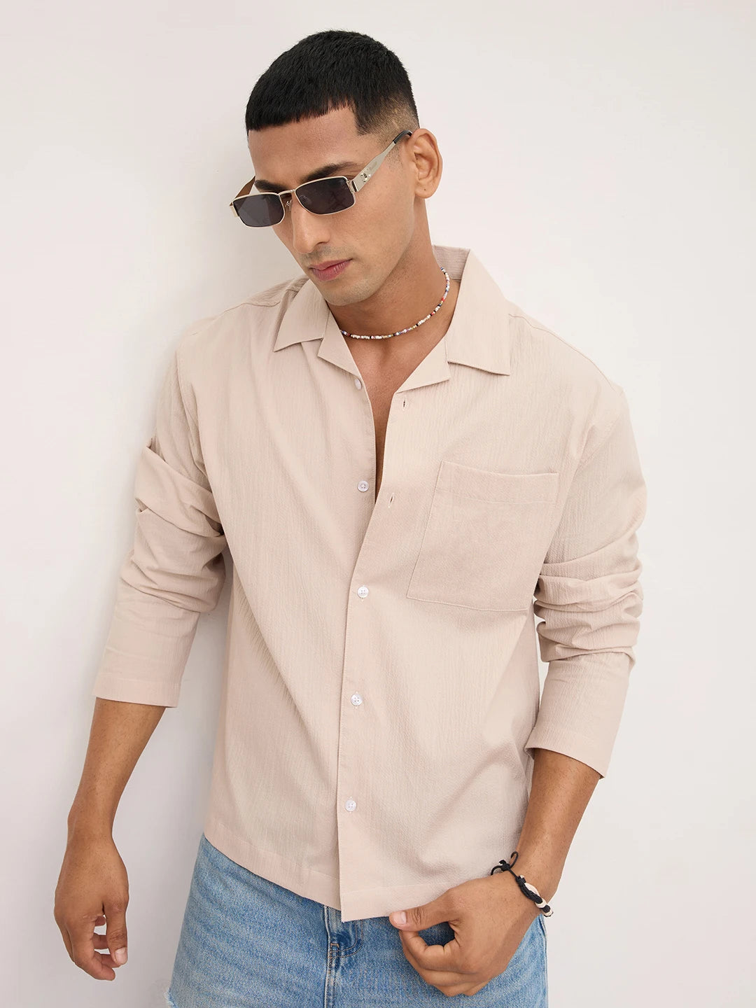 Luxe Beige Fine Textured Notch Collar Oversized Shirt