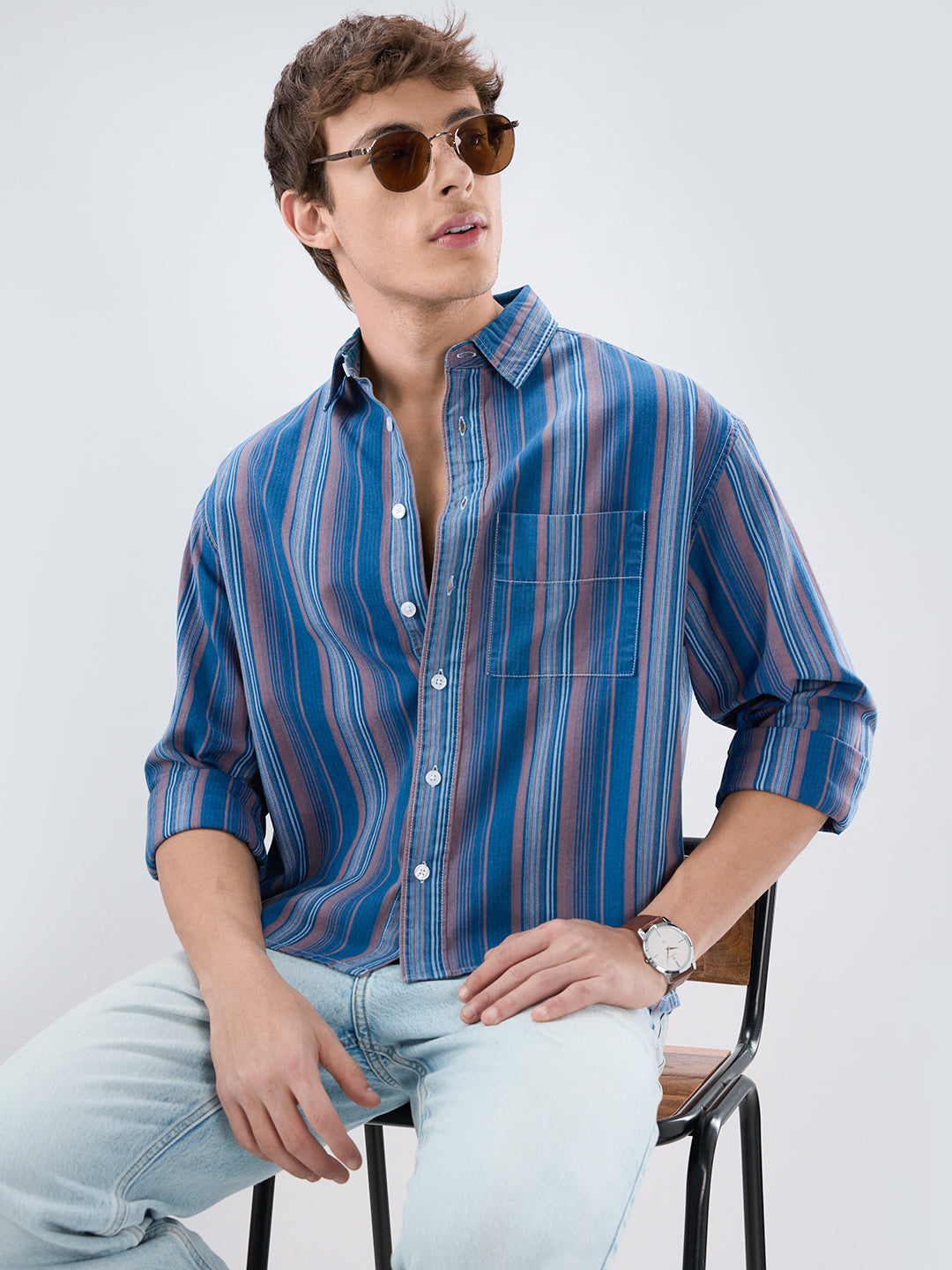 Premium Denim Coastal Blue Multi-Stripe Boxy Fit Crop Shirt