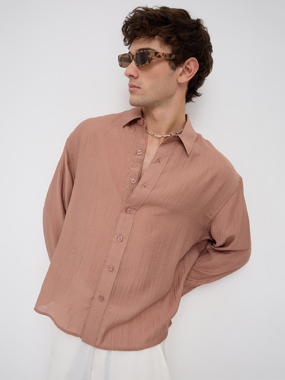 Burnt Clay Sheen Crinkled Boxy Fit Crop Shirt