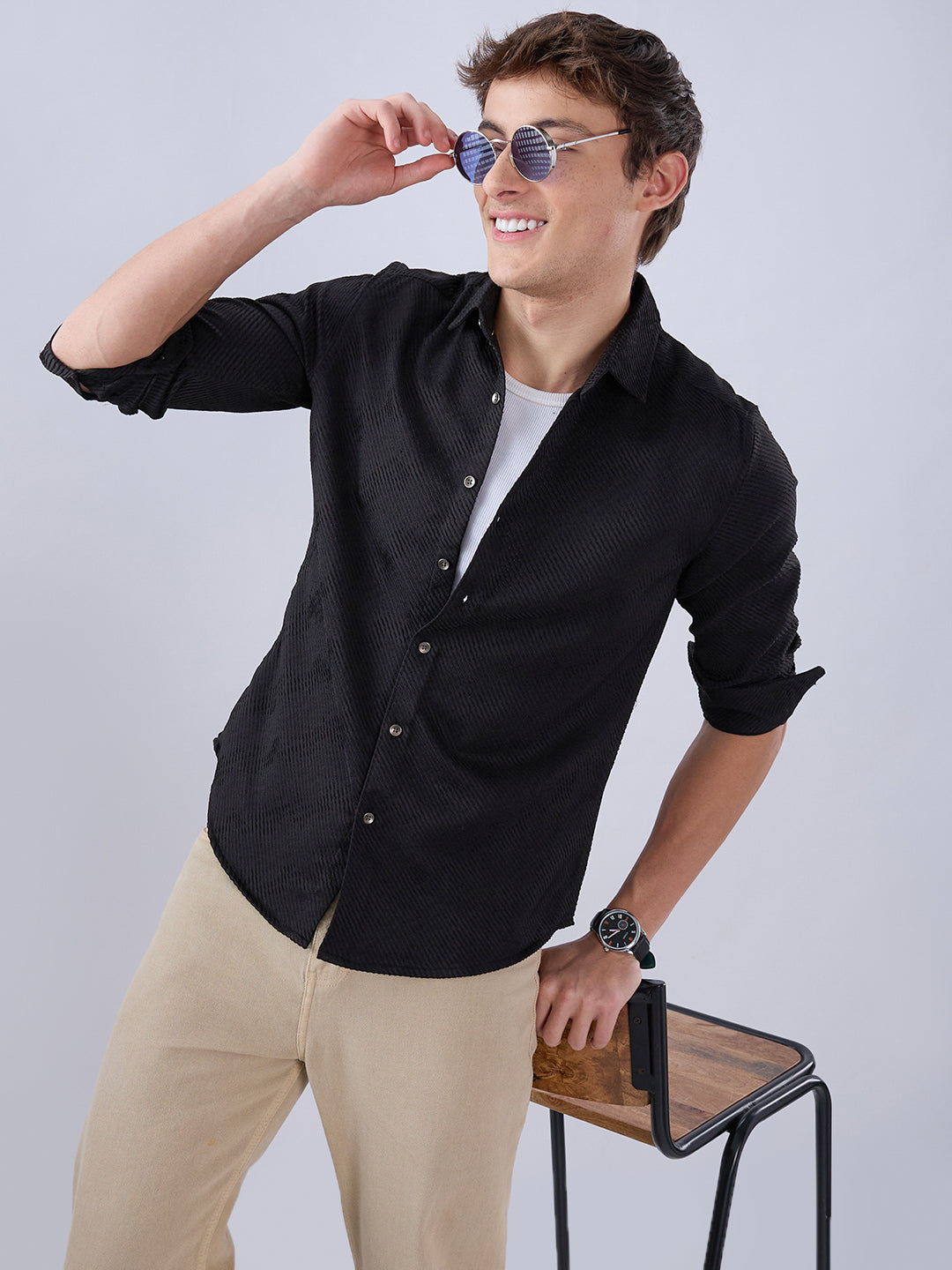 Sable Black Diagonal Textured Statement Shirt