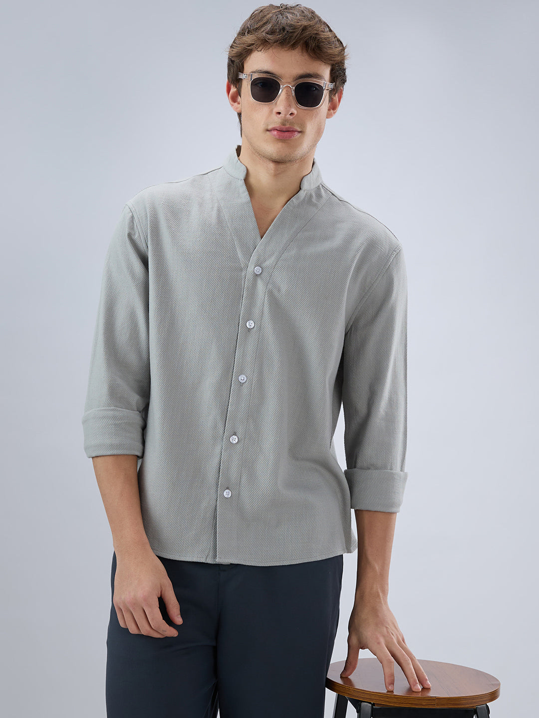 Plush Grey Diagonal Textured Stand Collar Oversized Shirt