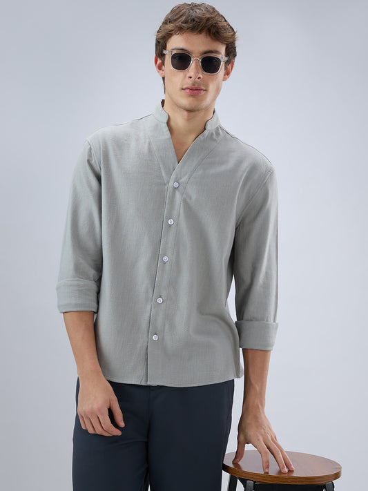 Plush Grey Diagonal Textured Stand Collar Oversized Shirt