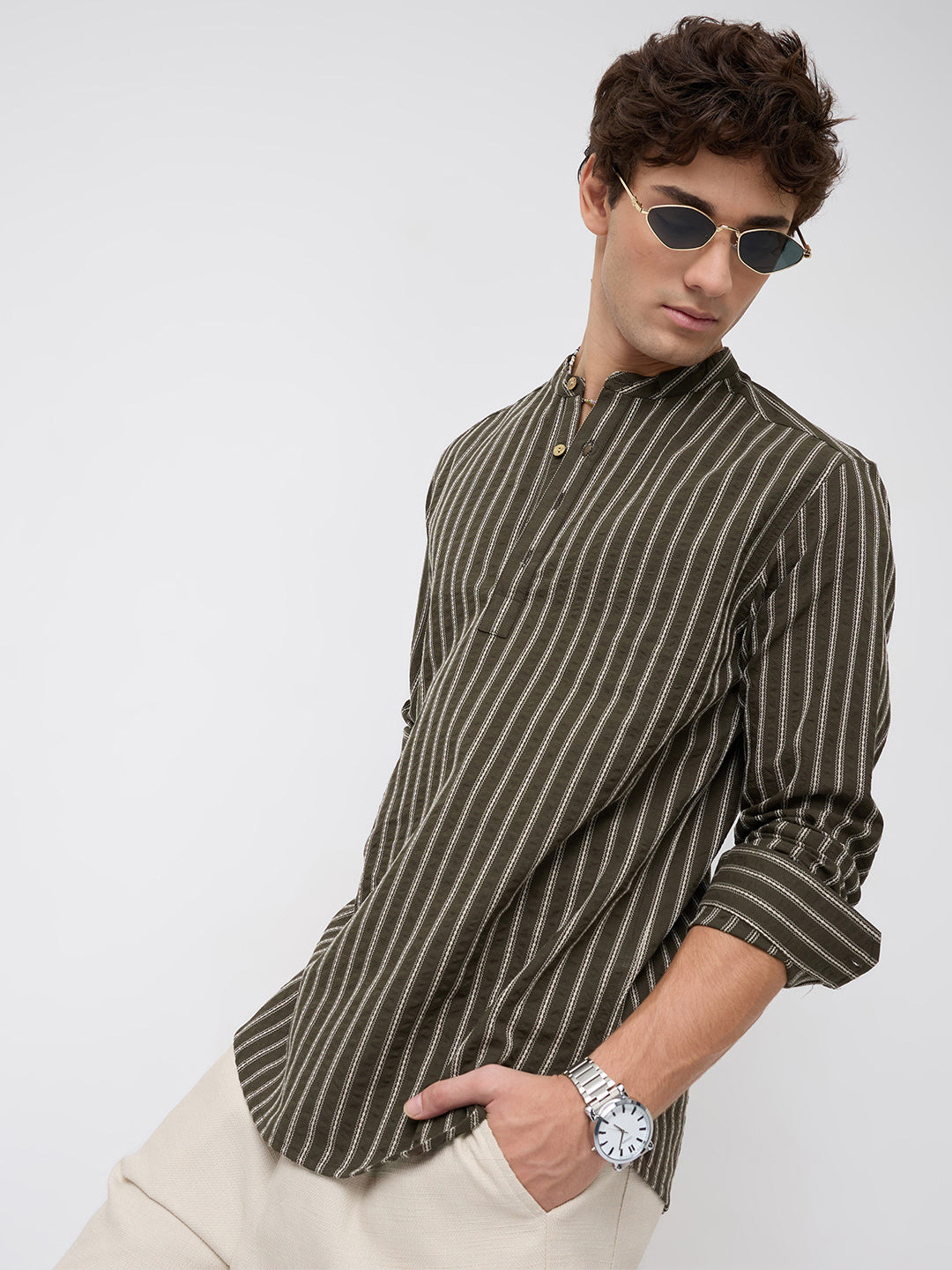 Elegant Olive Motif Seersucker Striped Embroidered Kurta