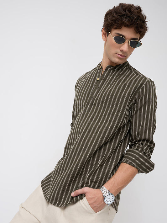 Elegant Olive Motif Seersucker Striped Embroidered Kurta