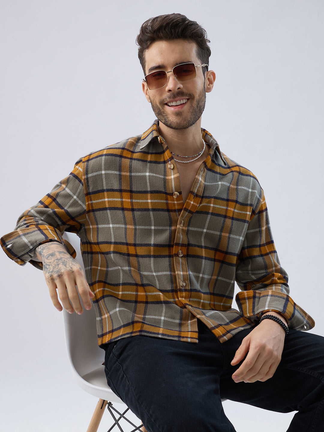 Golden Ochre Grey Checks Boxy Fit Cropped Flannel Shirt