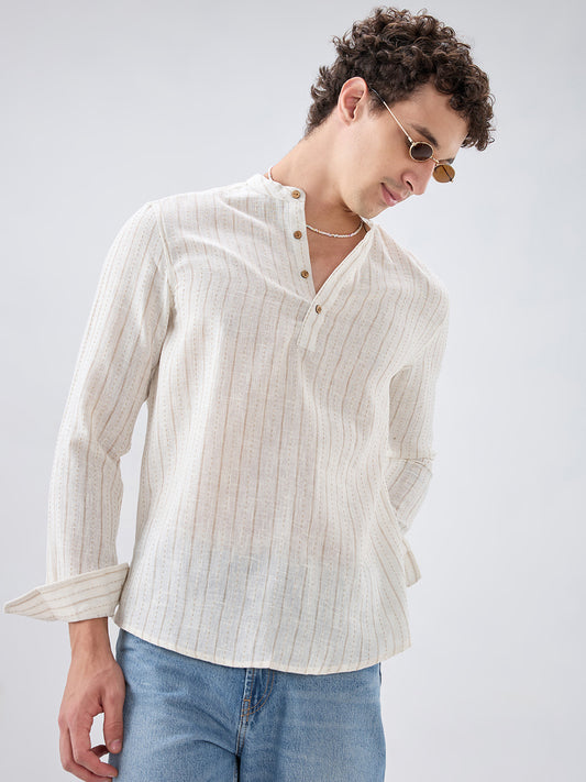 White & Beige Burlap Weaved Striped Kurta