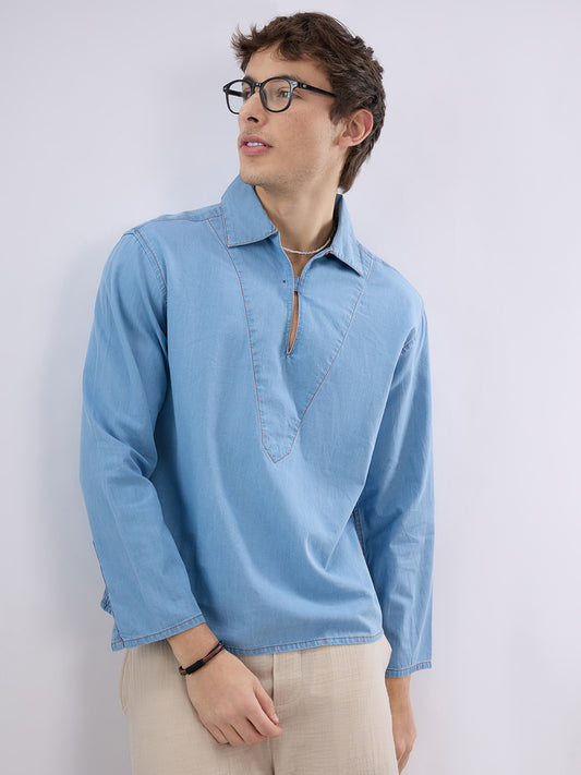 Blue Breeze Soft-Denim Cuffless Oversized Shirt