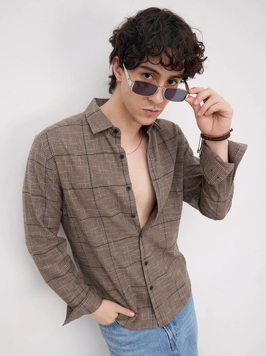 Russet Brown Contrast Windowpane Checks Shirt