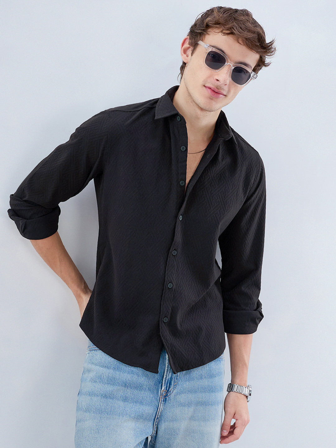Black Interlock Maze Weave Knitted Shirt