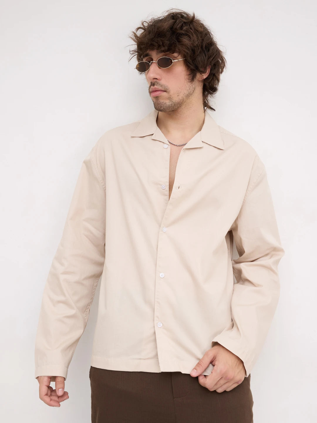 Sand Beige Twill Notch Collar Oversized Shirt