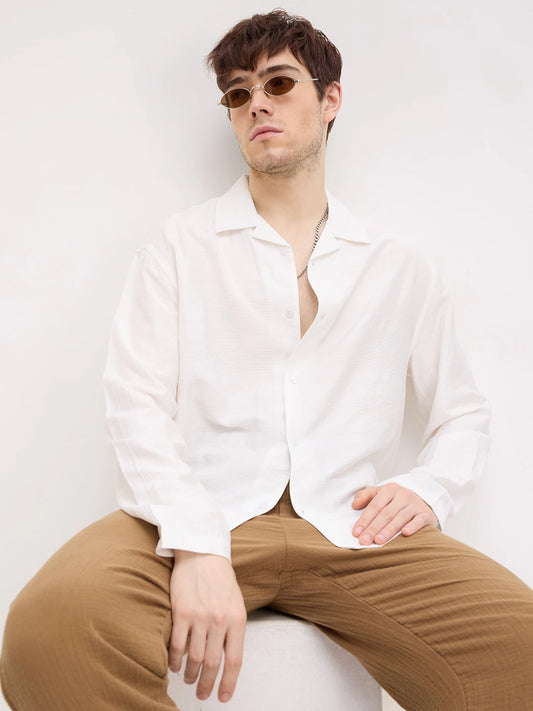 Artisan Pearl White Plaid Textured Notch Collar Oversized Shirt