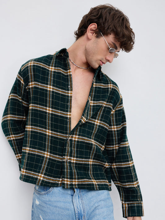 Forest Green Tartan Checked Boxy Fit Crop Flannel Shirt