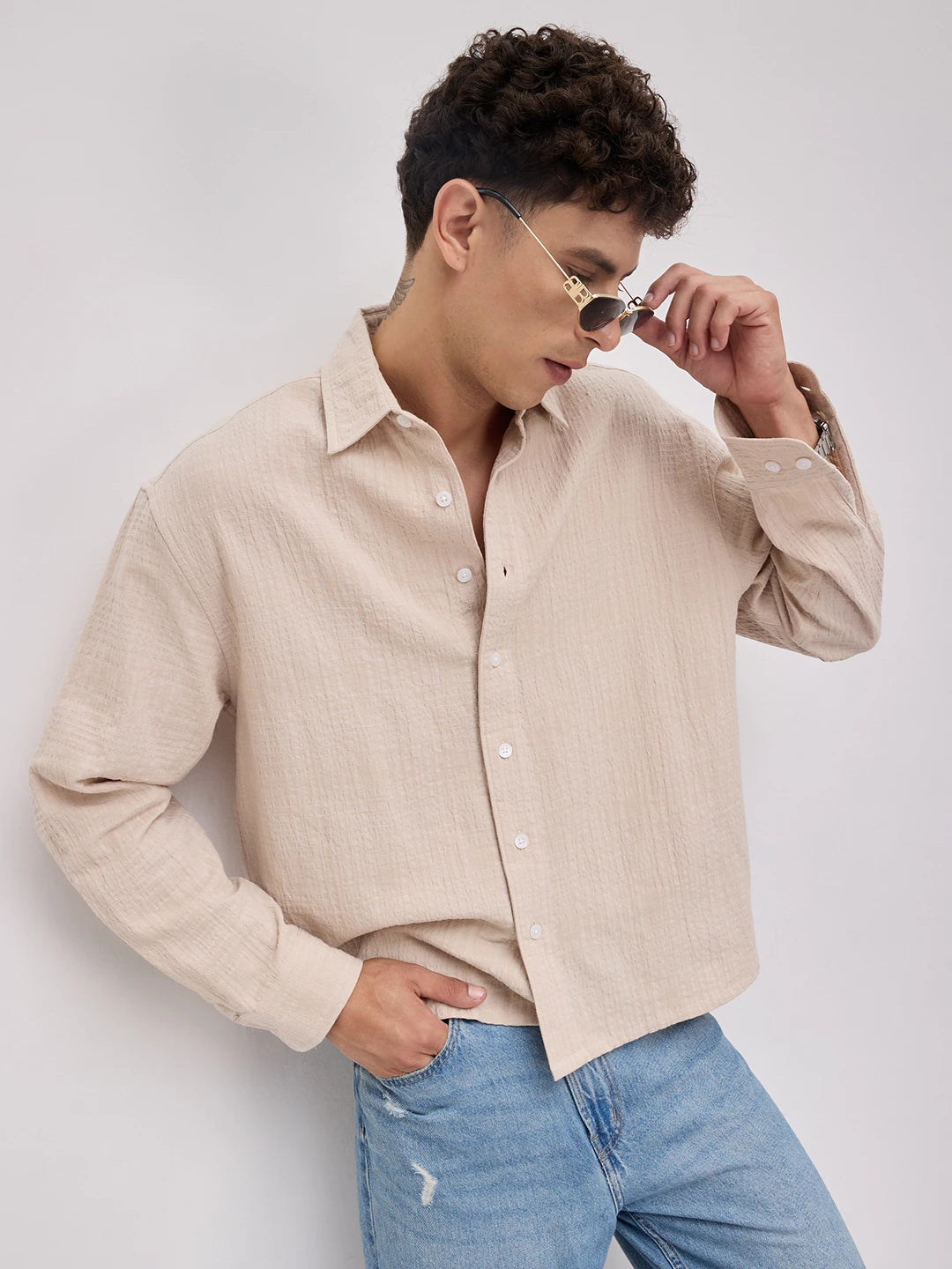 Beige Double Cloth Gauze Textured Boxy Fit Crop Shirt