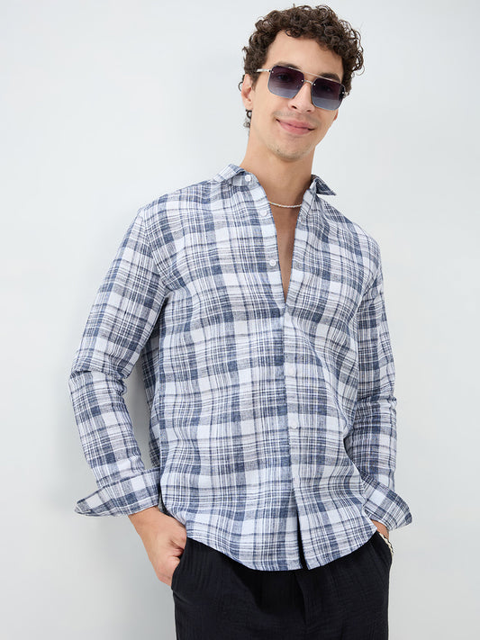Navy & White Plaid Checks Textured Shirt
