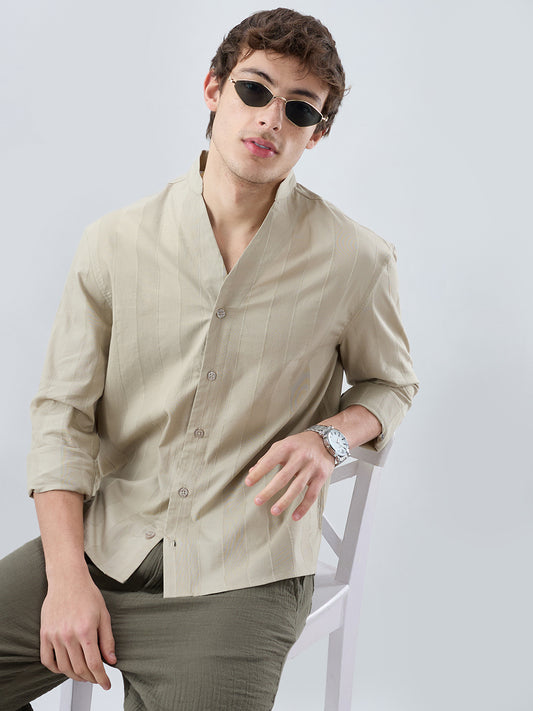 Sandstone Khaki Panel Textured Stand Collar Oversized Shirt