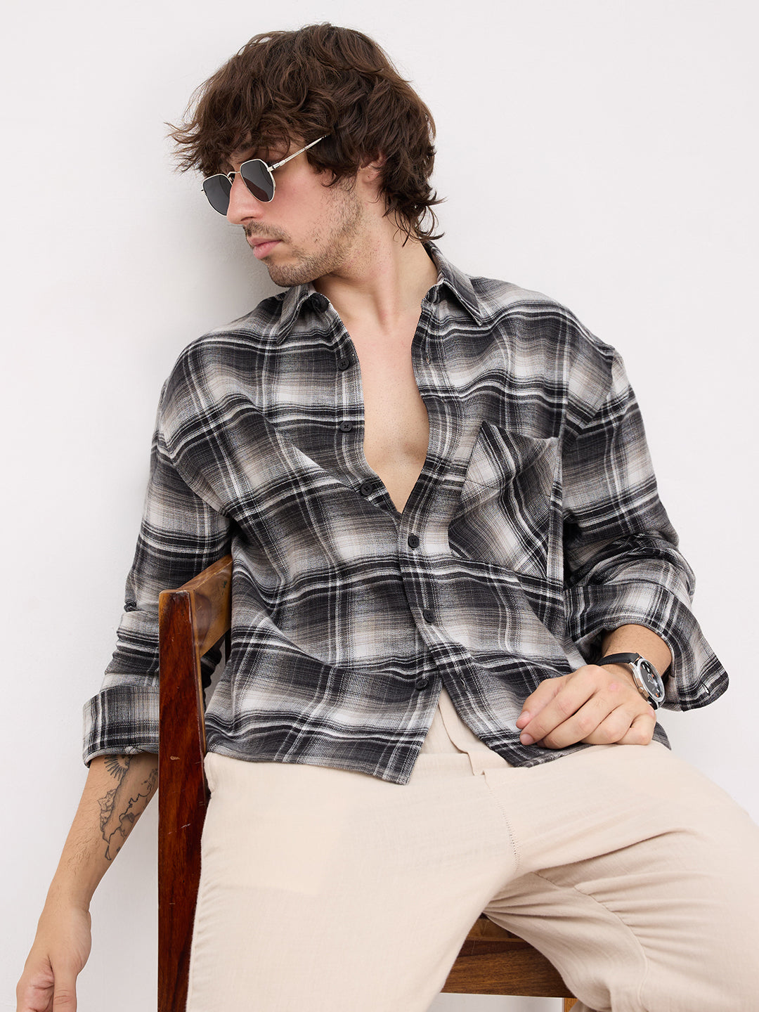 Rich Monochrome Winter Plaid Checks Flannel Boxy Fit Crop Shirt