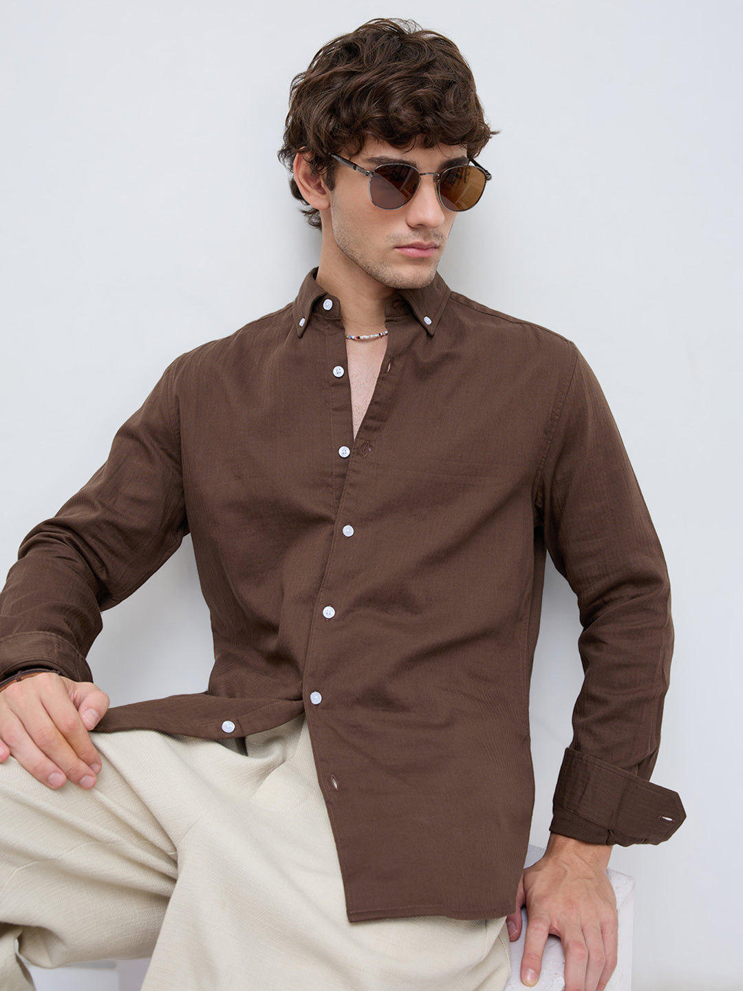 Coffee Brown Herringbone Textured Button-Down Shirt