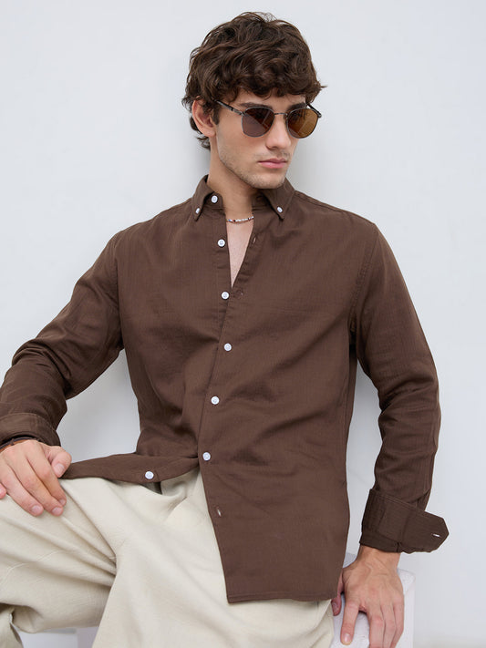 Coffee Brown Herringbone Textured Button-Down Shirt