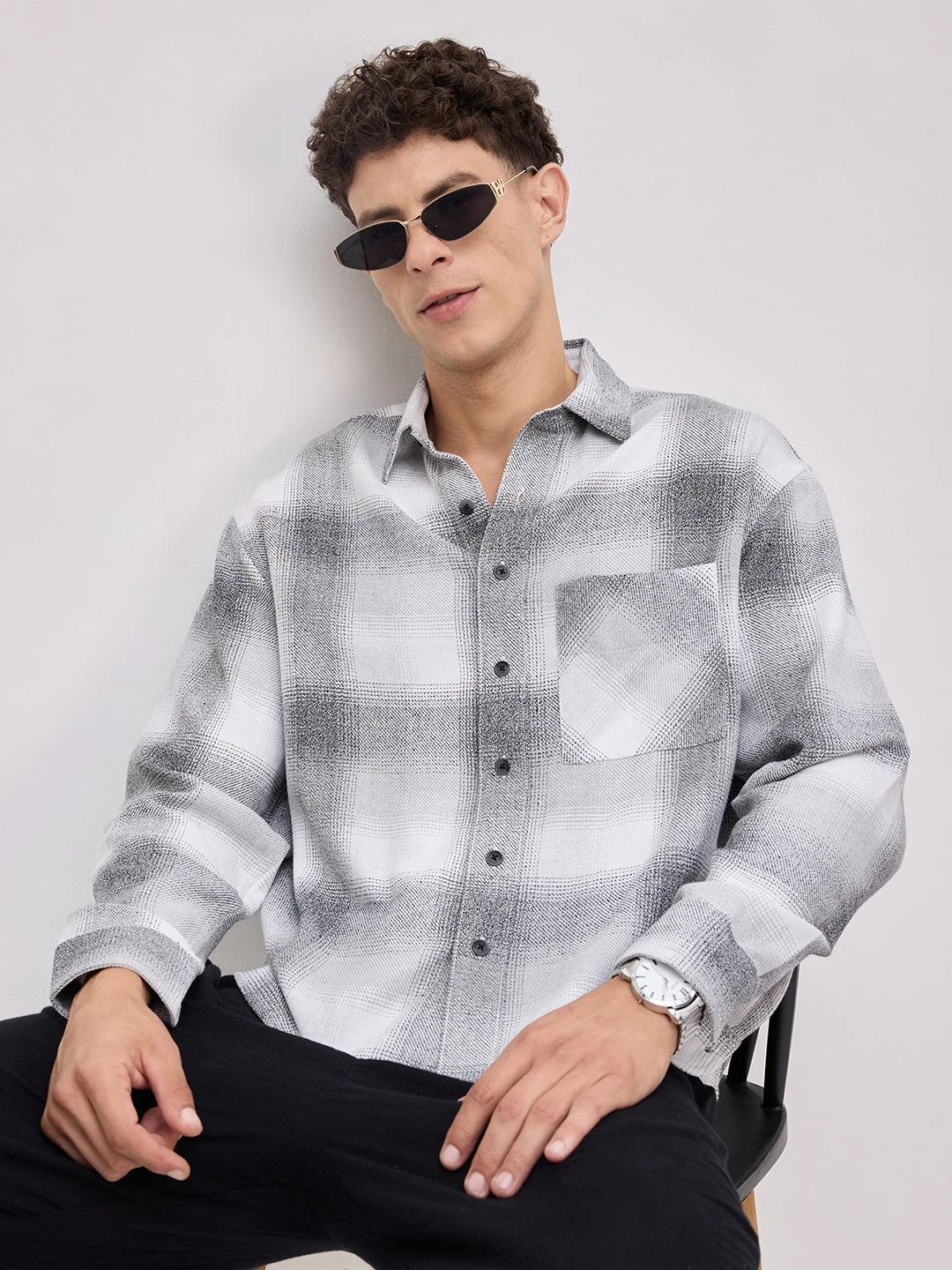 Grey & Black Crosshatch Plaid Checks Boxy Fit Crop Shirt