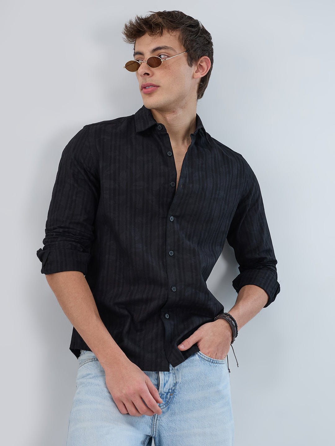 Ink Black Floral Jacquard Printed Shirt