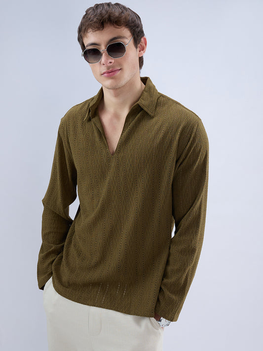 Olive Fine Lozenge Weave Polo Oversized Shirt