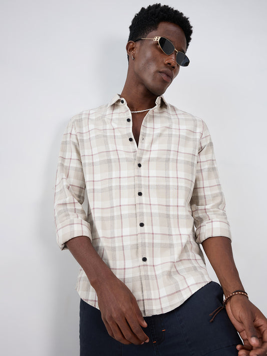 Beige Micro Herringbone Windowpane Checks Shirt