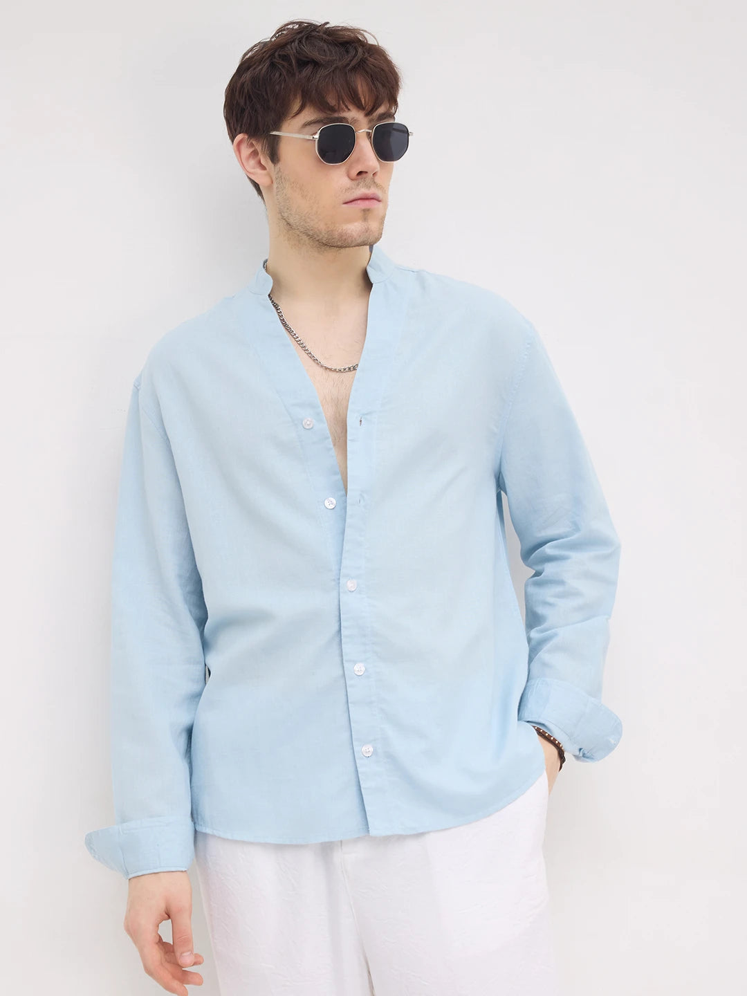 Rich Moring Blues Linen Blend Stand Collar Oversized Shirt