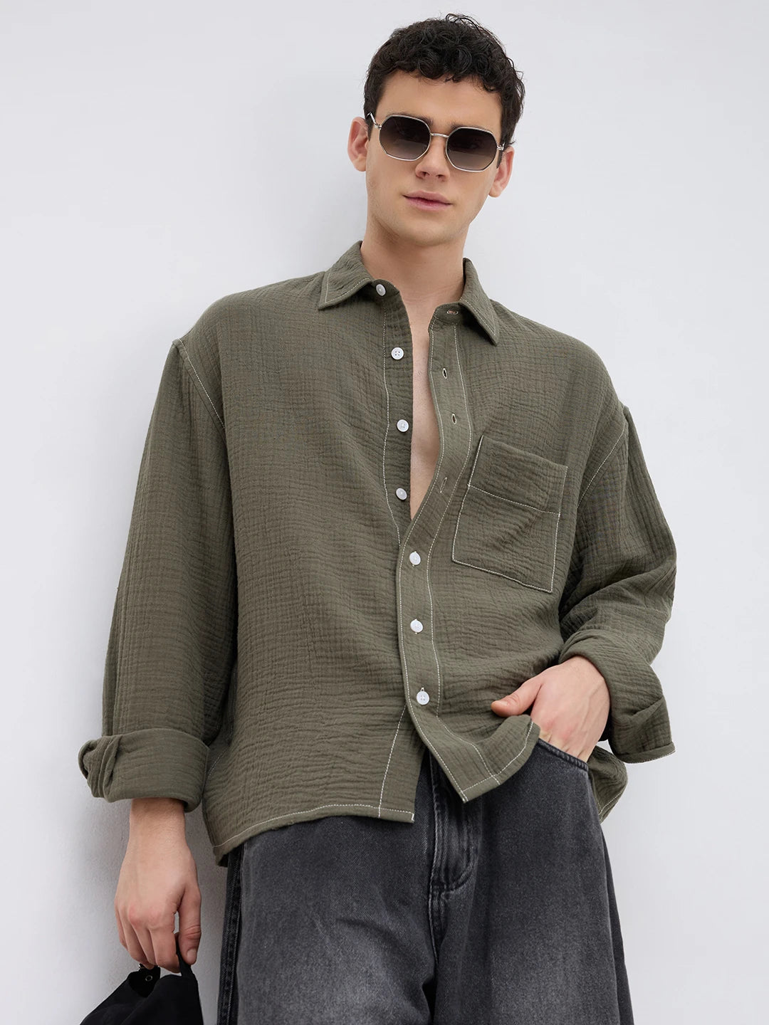 Muted Olive Contrast Stitch Double Cloth Boxy Fit Crop Shirt