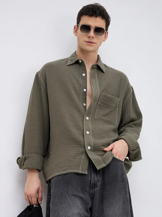 Muted Olive Contrast Stitch Double Cloth Boxy Fit Crop Shirt