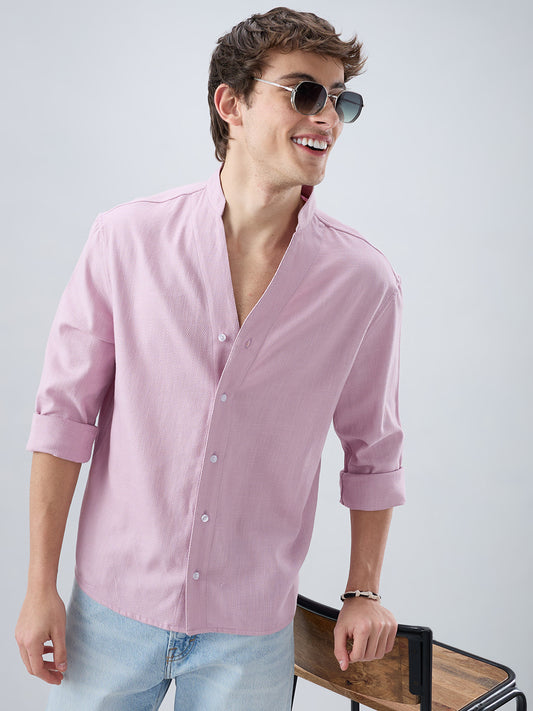 Powder Blush Pink Minimal Twill Textured Stand Collar Oversized Shirt