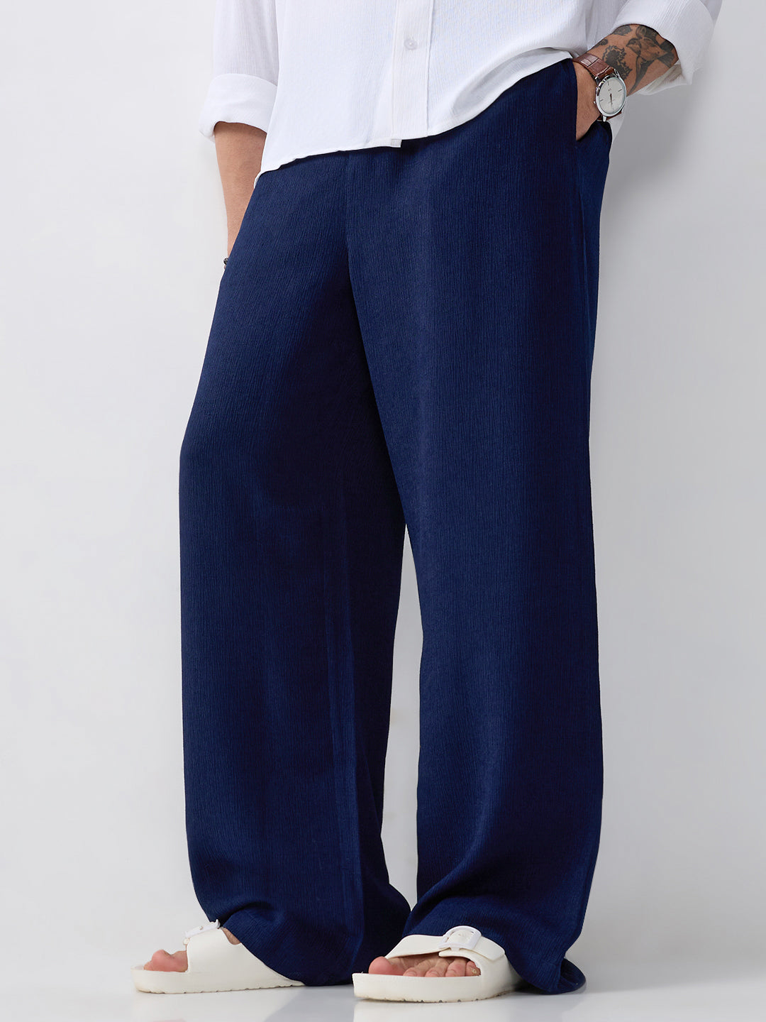 Navy Soft Crepe Wide-Leg Trousers