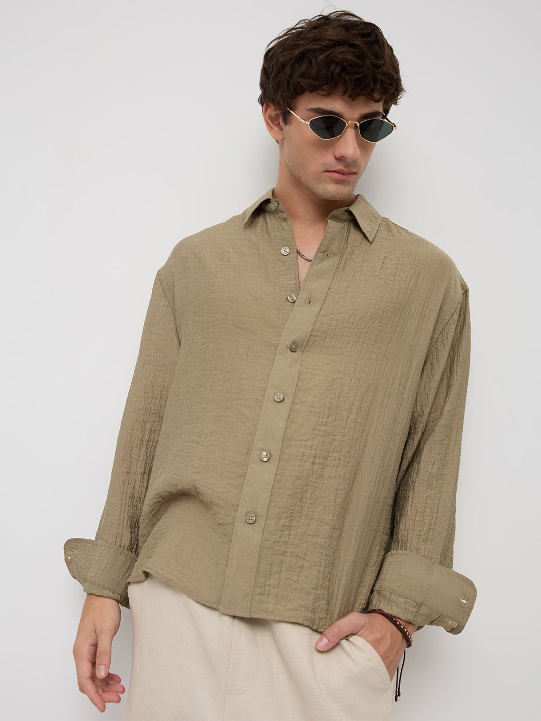 Olive Sheer Crinkled Boxy Fit Crop Shirt