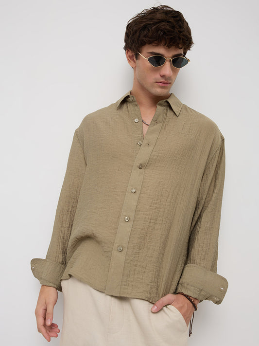 Olive Sheer Crinkled Boxy Fit Crop Shirt
