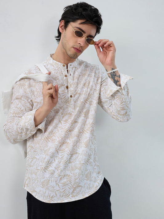 Classic Beige Leaf Printed Kurta