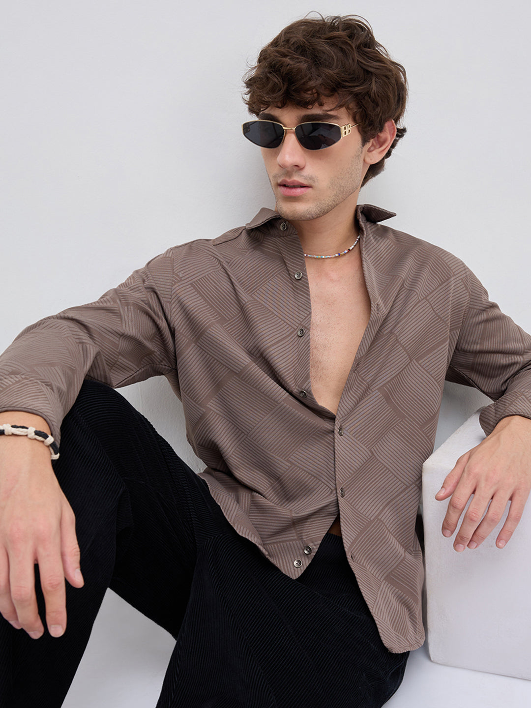 Elegant Brown Block Weave Knitted Shirt
