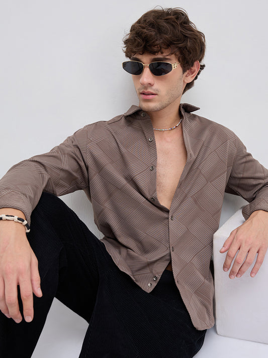 Elegant Brown Block Weave Knitted Shirt