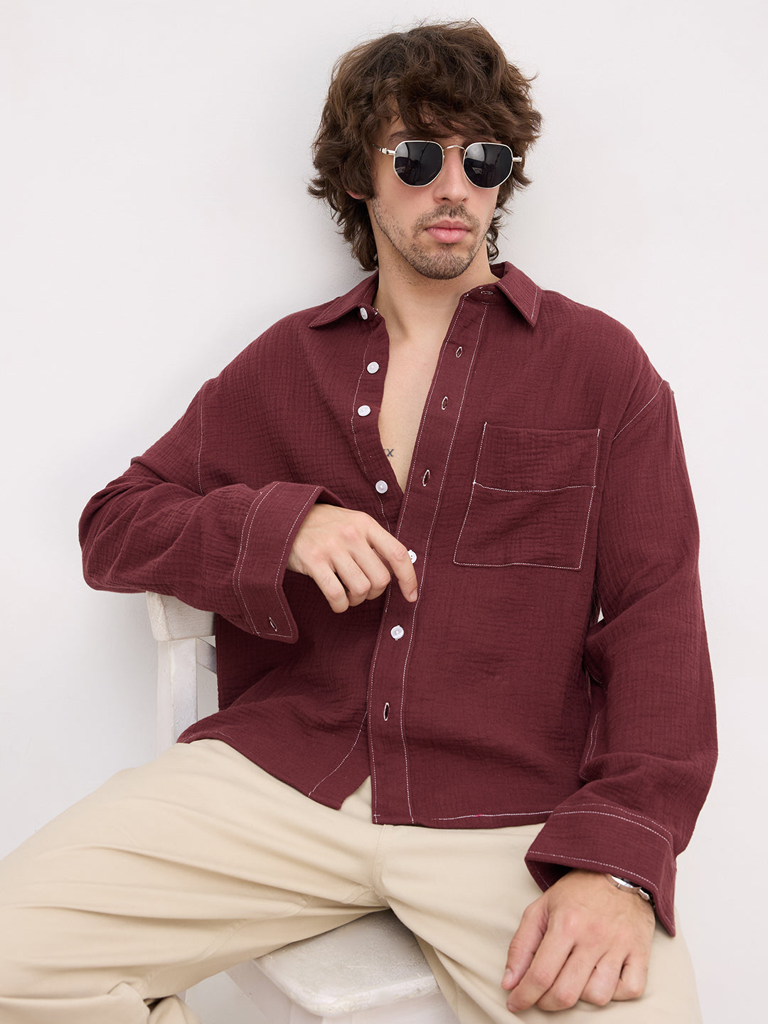 Solid Maroon Double Cloth Boxy Fit Crop Shirt