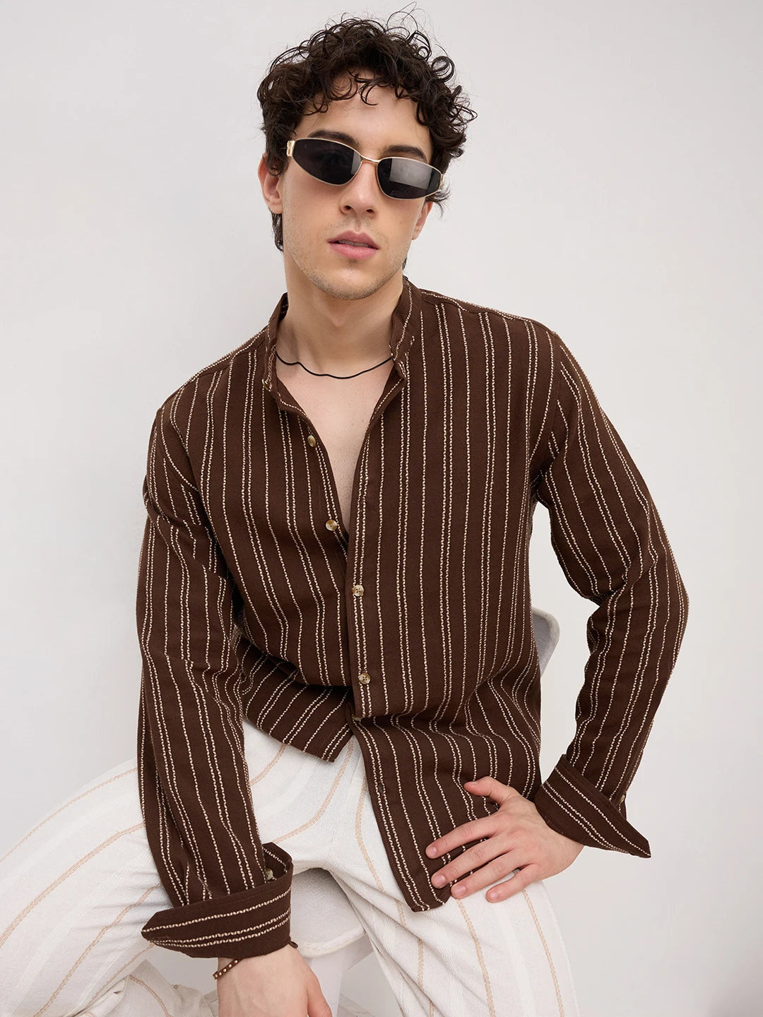 Brown & Beige Embroidered Striped Mandarin Shirt