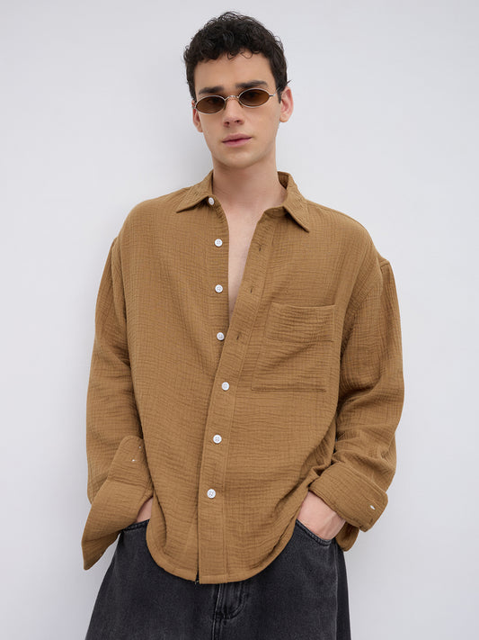 Timeless Tan Brown Double Cloth Boxy Fit Crop Shirt