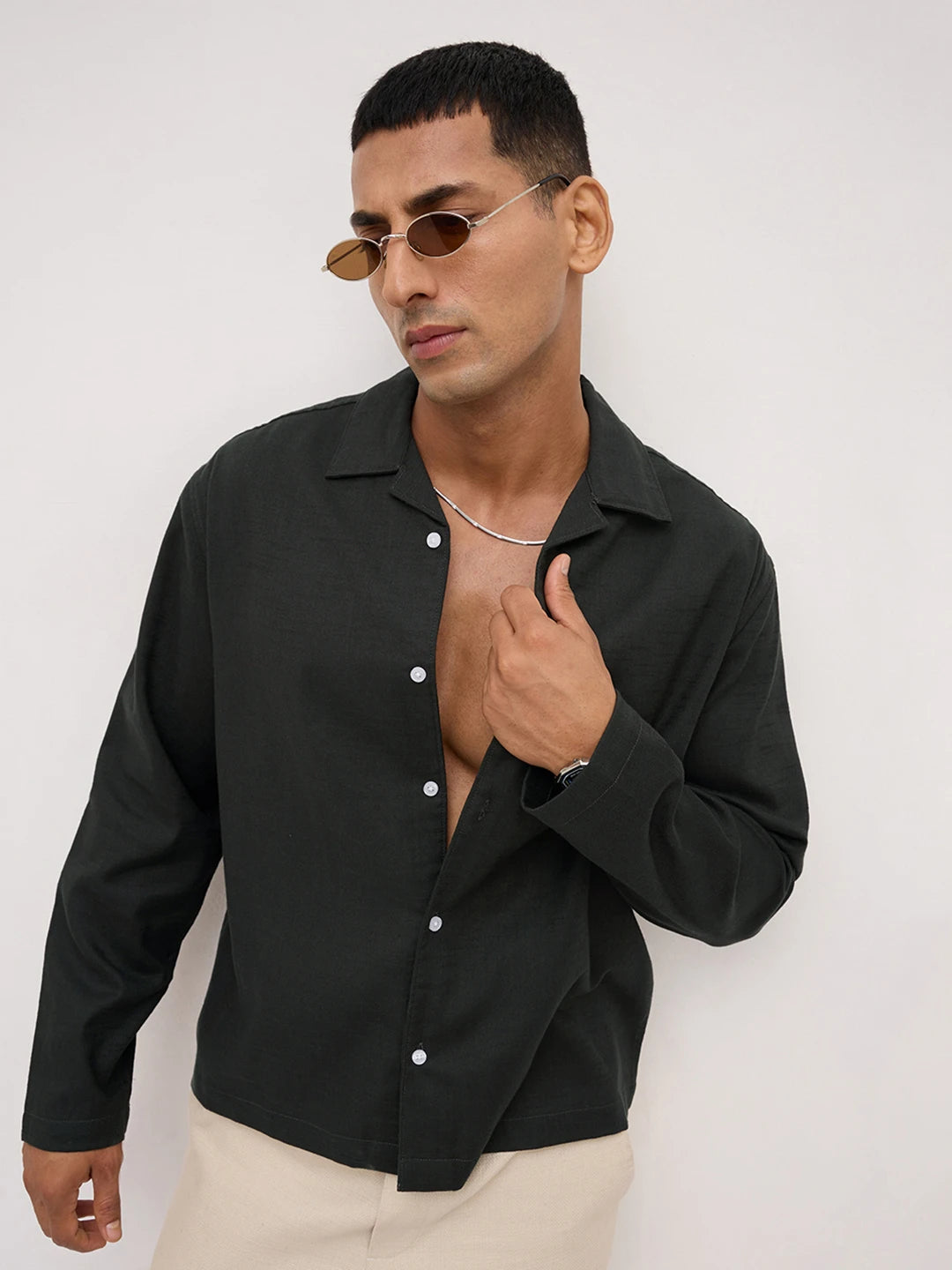 Forest Green Fine Sheer Slub Textured Oversized Notch Collar Shirt