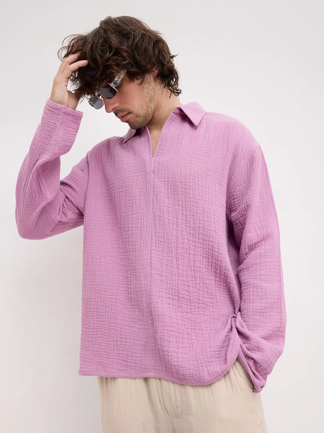 Deep Lilac Double Cloth Center Seam Oversized Polo Shirt